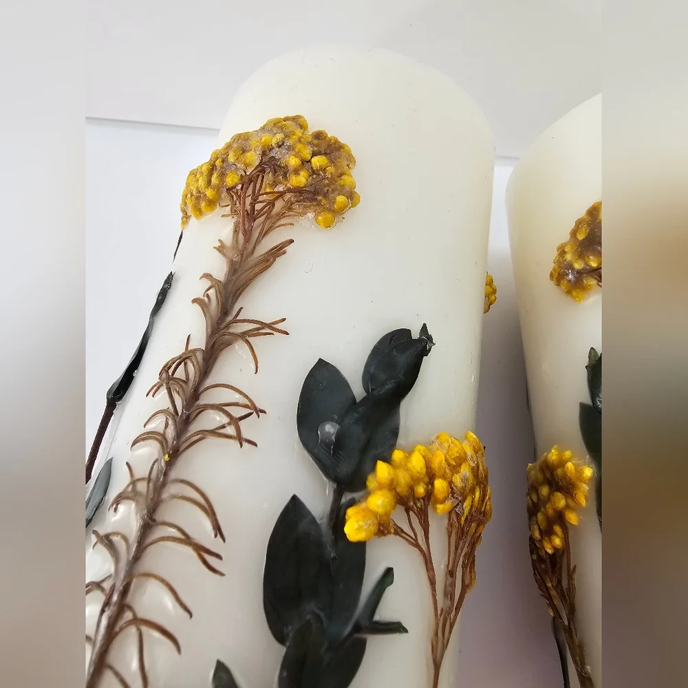 Pressed Floral Botanical Pillar Candles Set of 2